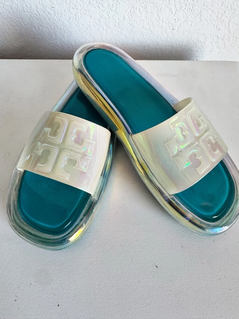 Nice Tory Burch Bubble Jelly Slides Size 9 Teal & White Iridescent